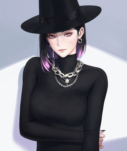 Anime picture 1099x1300 with original nuker (nukerdraws) single tall image looking at viewer short hair breasts black hair simple background long sleeves nail polish pink eyes multicolored hair fingernails two-tone hair girl hat earrings sweater necklace