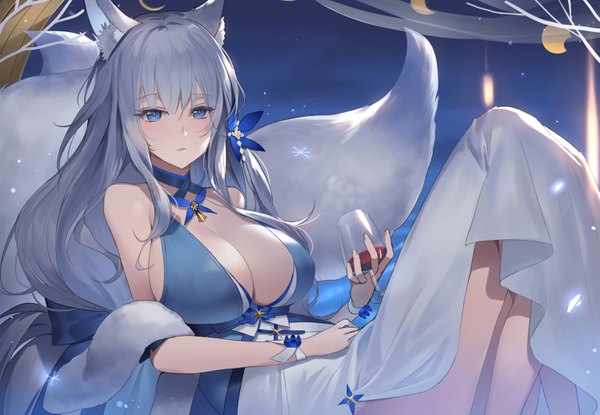 Anime picture 3000x2075 with azur lane shinano (azur lane) shinano (light of the hazy moon) (azur lane) mamima single long hair looking at viewer blush fringe highres breasts blue eyes light erotic hair between eyes large breasts sitting bare shoulders holding animal ears cleavage