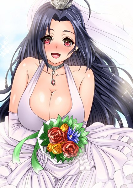 Anime picture 640x905 with idolmaster miura azusa inu (marukome) single long hair tall image looking at viewer blush breasts light erotic smile red eyes large breasts purple hair girl dress gloves flower (flowers) earrings choker