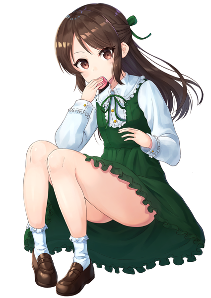 Anime picture 1075x1518 with idolmaster idolmaster cinderella girls tachibana arisu rangen single long hair tall image looking at viewer light erotic simple background brown hair white background brown eyes full body eating half updo frilled dress girl dress ribbon (ribbons)