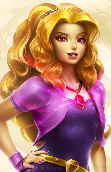 イラスト 776x1200 と my little pony adagio dazzle brandon dunn ソロ 長髪 長身像 カメラ目線 金髪 笑顔 nail polish parted lips ピンク目 腰に手 flat chest 魔法少女 smirk curly hair 擬人化 女の子 手袋