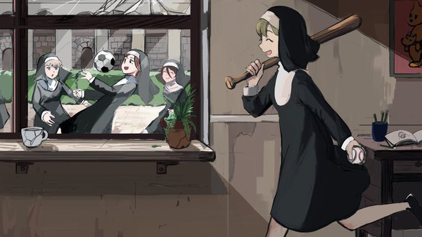 Anime picture 2048x1152 with little nuns (diva) protagonist nun (diva) gluttonous nun (diva) sheep nun (diva) diva (hyxpk) fringe highres short hair open mouth blonde hair wide image multiple girls holding indoors eyes closed long sleeves profile ^ ^ ^o^ running