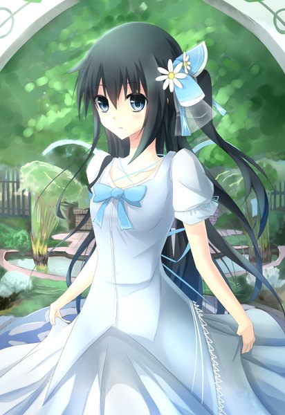 Anime picture 2598x3779 with original makadamia single long hair tall image highres blue eyes black hair hair flower girl dress hair ornament