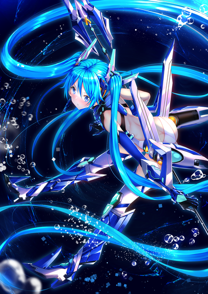 Anime picture 1102x1560 with ore twintail ni narimasu production ims tail blue swordsouls single tall image looking at viewer blush fringe open mouth blue eyes hair between eyes twintails blue hair full body ass very long hair :o leaning leaning forward