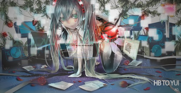 Anime picture 1600x822 with vocaloid hatsune miku utm single long hair wide image twintails very long hair aqua eyes aqua hair tattoo kneeling girl flower (flowers) petals necktie rose (roses) leaf (leaves) computer