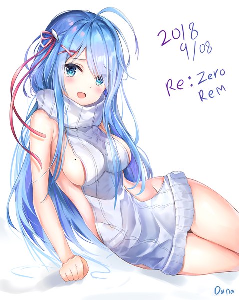 Anime picture 2521x3168 with re:zero kara hajimeru isekai seikatsu white fox rem (re:zero) dana (hapong07) single long hair tall image looking at viewer blush fringe highres breasts open mouth blue eyes light erotic simple background white background signed payot blue hair