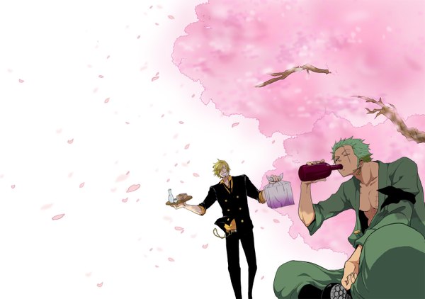 Anime picture 1420x1000 with one piece toei animation roronoa zoro sanji short hair blonde hair smile green hair wind cherry blossoms scar boy plant (plants) earrings petals tree (trees) chain suit branch bottle