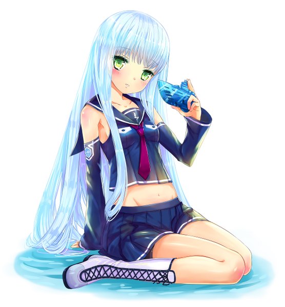 Anime picture 2316x2500 with aoki hagane no arpeggio iona kanipanda long hair tall image blush highres green eyes silver hair girl skirt detached sleeves necktie boots sailor suit