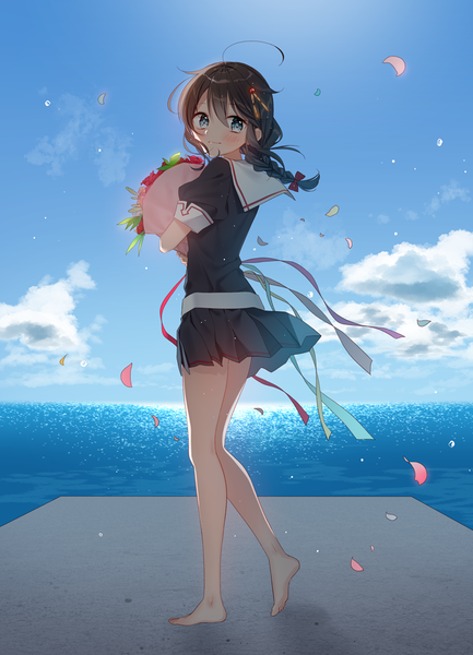 Anime picture 782x1082 with kantai collection shigure destroyer naoto (tulip) single long hair tall image looking at viewer blush fringe blue eyes smile hair between eyes brown hair standing holding payot sky cloud (clouds) full body ahoge