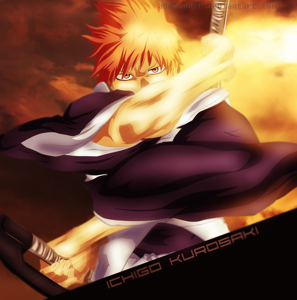 Anime picture 3756x3800 with bleach studio pierrot kurosaki ichigo adaounder single tall image highres short hair holding absurdres sky cloud (clouds) traditional clothes japanese clothes orange hair inscription orange eyes coloring dual wielding boy