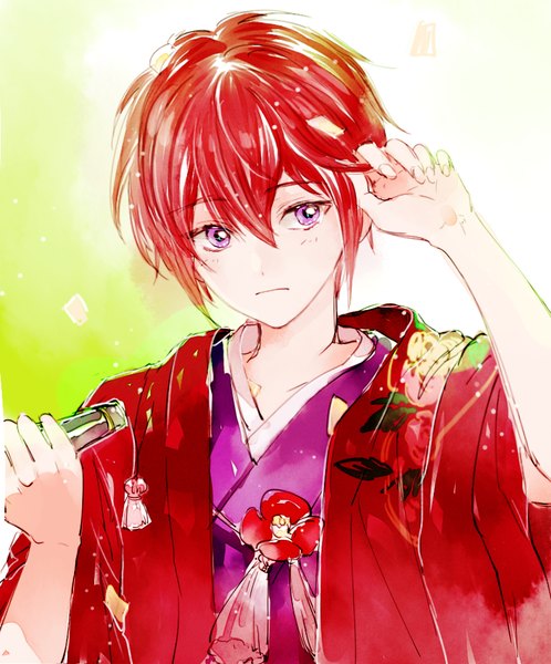 Anime picture 831x1000 with ensemble stars! suou tsukasa ahma single tall image fringe short hair simple background hair between eyes purple eyes looking away upper body red hair traditional clothes japanese clothes adjusting hair boy flower (flowers) camellia (flower)