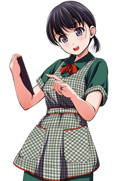 Anime picture 800x1200 with original matsunaga kouyou single tall image looking at viewer blush short hair open mouth black hair simple background white background black eyes girl apron