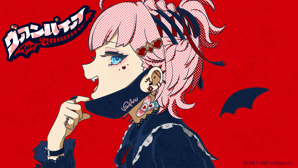 Anime picture 1920x1080 with vocaloid virtual youtuber nijisanji vampire (vocaloid) asahina akane (nijisanji) mugimugigo single looking at viewer highres short hair blue eyes simple background wide image pink hair profile official art fang (fangs) red background vampire mask pull