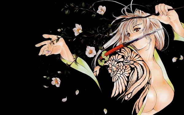 Anime picture 1920x1200 with tenjou tenge natsume maya highres light erotic wide image black background flower (flowers)