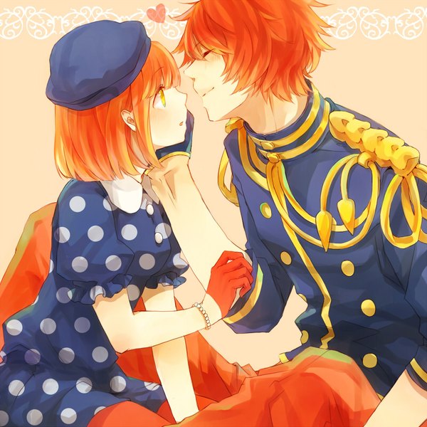Anime picture 800x800 with uta no prince-sama a-1 pictures nanami haruka (uta no prince-sama) ittoki otoya hiyoyogi short hair simple background sitting yellow eyes looking away red hair profile puffy sleeves face to face polka dot girl dress boy gloves heart