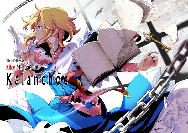 Anime picture 1291x918 with touhou alice margatroid emerane single short hair open mouth blonde hair looking away profile aqua eyes light smile reflection running girl dress frills hairband chain jewelry blue dress