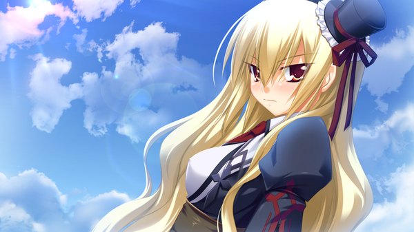 Anime picture 1024x576 with kamidori alchemy meister long hair blush blonde hair red eyes wide image game cg cloud (clouds) girl hat