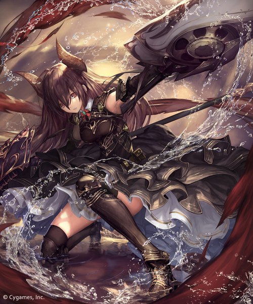 Anime picture 1500x1800 with shingeki no bahamut forte (shingeki no bahamut) tachikawa mushimaro (bimo) long hair tall image looking at viewer fringe breasts light erotic hair between eyes brown hair bare shoulders holding brown eyes cloud (clouds) full body bent knee (knees) horn (horns) zettai ryouiki outstretched arm