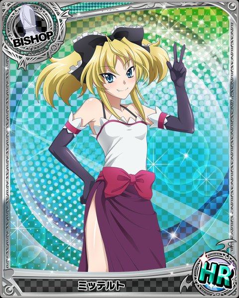 Anime picture 640x800 with highschool dxd mittelt single long hair tall image looking at viewer blush blue eyes blonde hair smile twintails loli card (medium) girl dress gloves bow hair bow black gloves elbow gloves