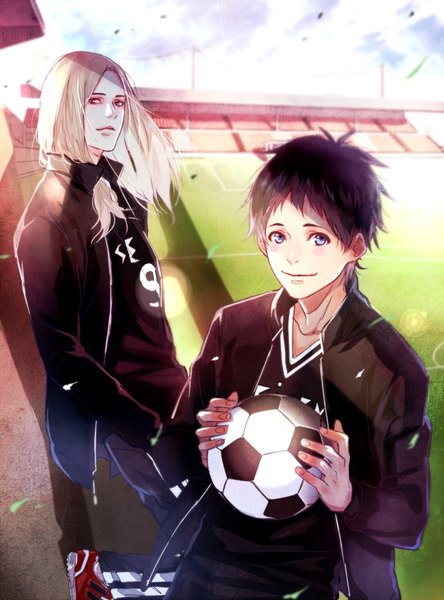 Anime picture 740x1000 with days mappa kazama jin (days) tsukamoto tsukushi saito yukihiro long hair tall image looking at viewer blush short hair blue eyes black hair blonde hair smile standing brown eyes sky wind multiple boys shaded face