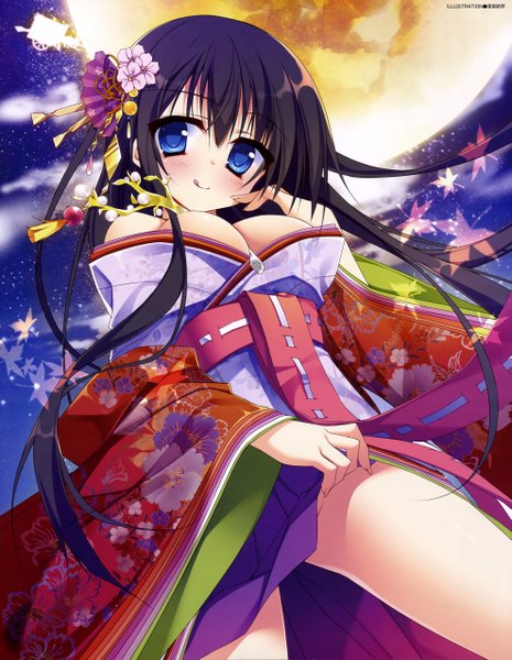 Anime picture 3954x5098 with dengeki moeou kiseri momo single long hair tall image looking at viewer fringe highres breasts blue eyes light erotic black hair smile large breasts bare shoulders absurdres cleavage cloud (clouds) traditional clothes japanese clothes