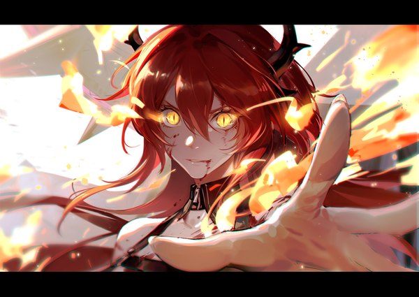 Anime picture 1694x1200 with arknights surtr (arknights) niarwol single long hair looking at viewer fringe hair between eyes yellow eyes upper body red hair parted lips horn (horns) glowing letterboxed glowing eye (eyes) slit pupils outstretched hand anaglyph blood on face