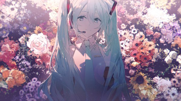 Anime picture 1490x839 with vocaloid hatsune miku rella single long hair fringe hair between eyes wide image signed looking away upper body aqua eyes aqua hair dated floral background girl flower (flowers) detached sleeves shirt necktie