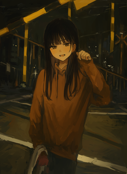 Anime picture 2921x4000 with original funabashi (iwzry) single long hair tall image looking at viewer blush fringe highres open mouth smile brown hair standing brown eyes blunt bangs :d arm up night railroad crossing girl