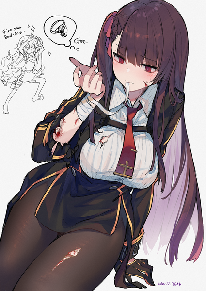Anime picture 1000x1411 with girls frontline wa2000 (girls frontline) ribeyrolles 1918 (girls frontline) mimelond long hair tall image blush fringe breasts hair between eyes red eyes brown hair sitting multiple girls holding signed payot looking away arm support one side up