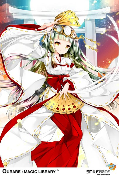 Anime picture 714x1051 with original juna single long hair tall image looking at viewer yellow eyes traditional clothes green hair miko girl hair ornament petals moon fan torii