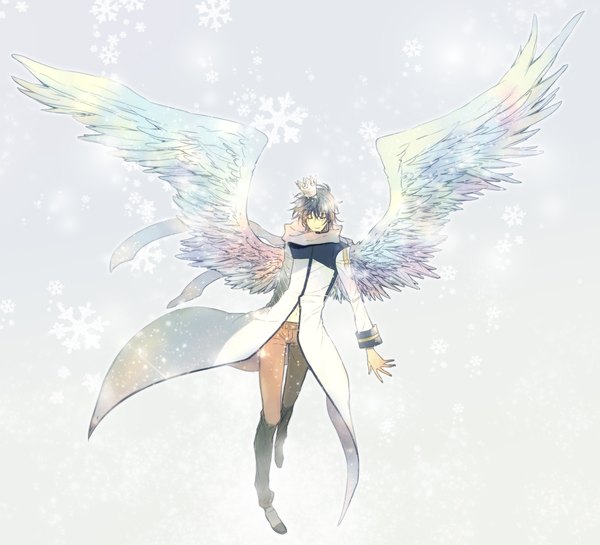 Anime picture 2328x2118 with vocaloid kaito (vocaloid) zesilo (artist) single highres short hair black hair white background eyes closed angel wings boy scarf