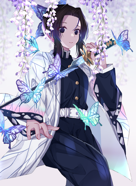 Anime picture 2256x3068 with kimetsu no yaiba ufotable kochou shinobu norazura single tall image highres short hair black hair simple background smile standing purple eyes holding payot looking away traditional clothes japanese clothes no pupils girl