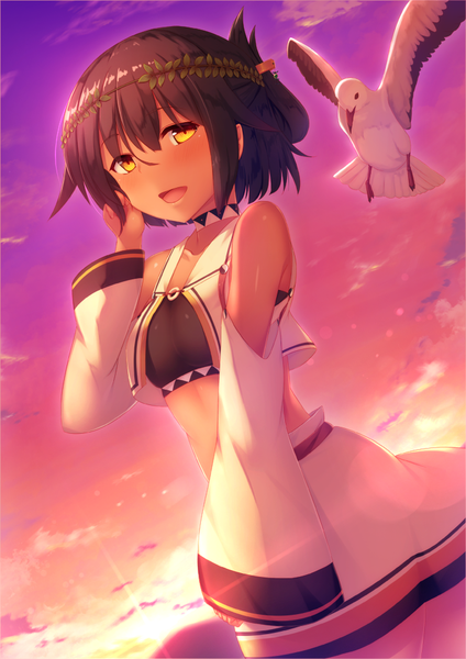 Anime picture 707x1000 with original momo no kanzume single tall image blush short hair open mouth smile brown hair yellow eyes sky cloud (clouds) arm up sunlight wide sleeves adjusting hair evening sunset girl hair ornament