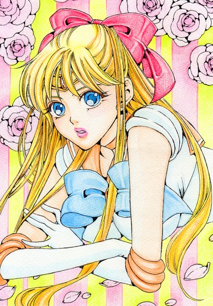 Anime picture 1588x2280 with bishoujo senshi sailor moon toei animation aino minako sailor venus sayococco single long hair tall image looking at viewer fringe blue eyes blonde hair lying lips striped half updo magical girl traditional media striped background colored pencil (medium)