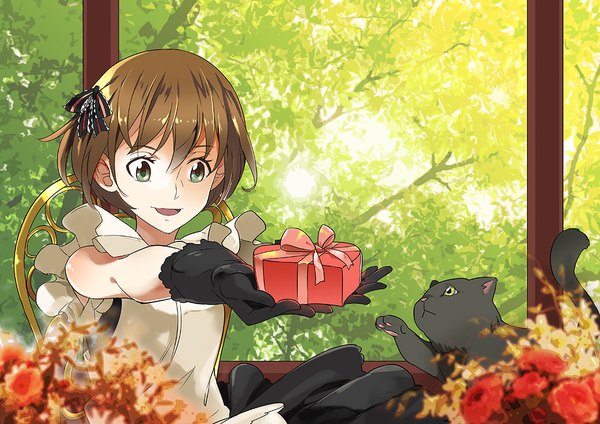 Anime picture 1100x778 with original 5f single fringe short hair open mouth smile hair between eyes brown hair holding looking away upper body indoors :d pleated skirt blurry depth of field sleeveless outstretched arm happy