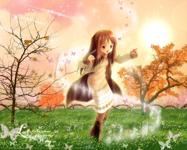 Anime picture 1280x1024 with goto p single long hair open mouth brown hair standing brown eyes sky sunlight open clothes open jacket autumn girl dress plant (plants) tree (trees) jacket insect butterfly grass