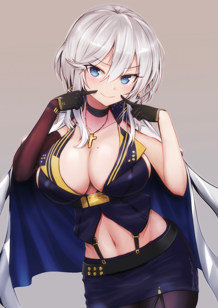 Anime picture 707x1000 with azur lane washington (azur lane) west (vaem5527) single long hair tall image looking at viewer blush fringe breasts blue eyes light erotic simple background smile hair between eyes large breasts payot cleavage silver hair head tilt