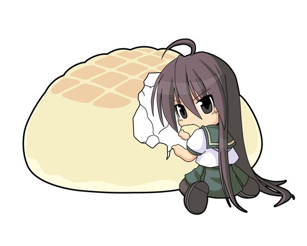 Anime picture 1280x1024 with shakugan no shana j.c. staff shana yuichirou single long hair looking at viewer fringe black hair simple background hair between eyes white background sitting ahoge very long hair looking back black eyes wariza eating chibi