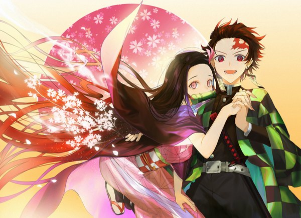 Anime picture 1616x1174 with kimetsu no yaiba ufotable kamado nezuko kamado tanjirou xuefei (snowdrop) looking at viewer short hair open mouth black hair red eyes brown hair very long hair traditional clothes :d japanese clothes pink eyes holding hands scar siblings checkered