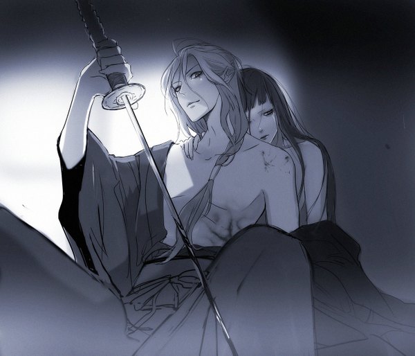 Anime picture 1280x1098 with koutarou (artist) long hair black hair blonde hair sitting bare shoulders ahoge braid (braids) traditional clothes japanese clothes off shoulder couple single braid monochrome hug from behind girl boy weapon sword katana