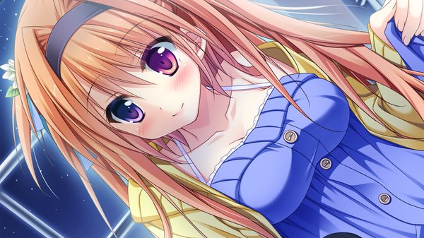 Anime picture 1280x720 with timepiece ensemble kuramae nanami sesena yau long hair looking at viewer blush smile wide image game cg orange hair heterochromia girl dress hairband