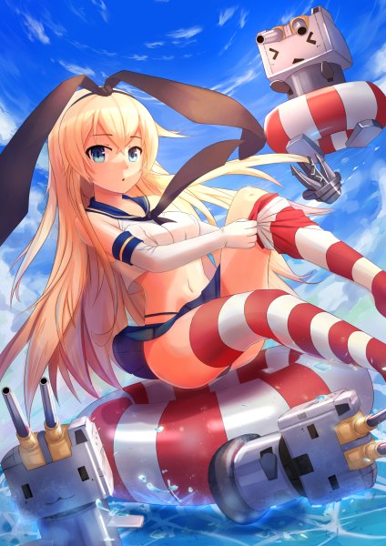 Anime picture 848x1200 with kantai collection shimakaze destroyer rensouhou-chan yi l chen 5 long hair tall image looking at viewer blue eyes light erotic blonde hair sitting sky cloud (clouds) bare belly :3 > < girl thighhighs skirt gloves