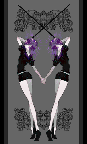 Anime picture 1112x1837 with houseki no kuni amethyst (houseki no kuni) lunch (lunchicken) tall image looking at viewer fringe short hair purple eyes purple hair full body hair over one eye grey background puffy sleeves turning head holding hands siblings twins shiny androgynous long legs