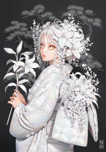 Anime picture 1259x1800 with original minami (minami373916) single tall image looking at viewer fringe short hair simple background hair between eyes standing holding yellow eyes white hair traditional clothes parted lips japanese clothes hair flower fingernails wide sleeves animal print
