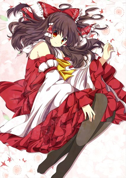 Anime picture 1003x1416 with touhou hakurei reimu hikobae single long hair tall image black hair red eyes girl dress bow hair bow detached sleeves pantyhose