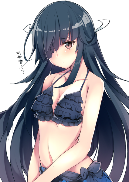 Anime picture 700x988 with kantai collection hayashimo destroyer haruyuki (yukichasoba) single long hair tall image looking at viewer blush fringe breasts light erotic black hair simple background white background bare shoulders brown eyes cleavage hair over one eye midriff girl