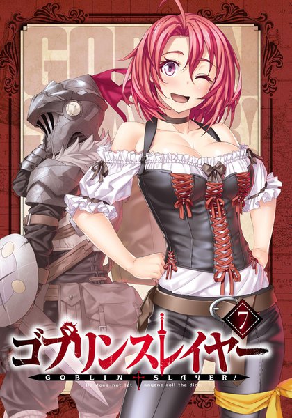 Anime picture 1433x2048 with goblin slayer! white fox goblin slayer cow girl (goblin slayer!) kannatsuki noboru tall image looking at viewer blush fringe short hair breasts open mouth smile hair between eyes large breasts standing purple eyes bare shoulders cleavage ahoge