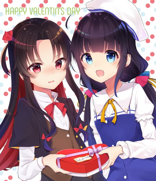 Anime picture 1000x1163 with ryuuou no oshigoto! hinatsuru ai yashajin ai gyozanuko long hair tall image blush open mouth blue eyes black hair red eyes twintails multiple girls holding ahoge red hair :d multicolored hair two-tone hair one side up