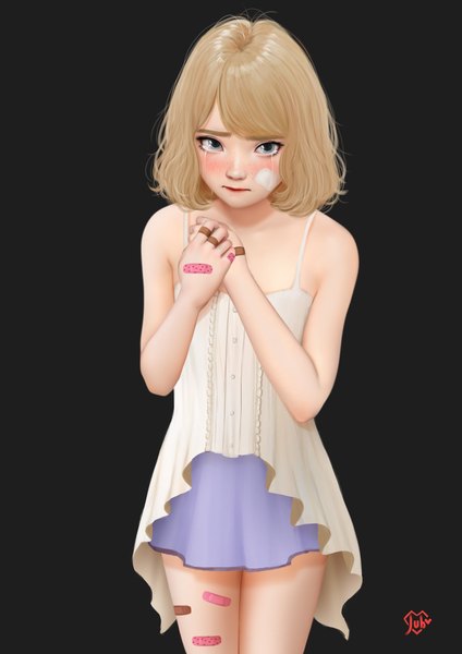 Anime picture 1240x1754 with original jubi (regiana) single tall image looking at viewer blush short hair blue eyes light erotic simple background blonde hair bare shoulders signed flat chest dark background bandaid on face bandaid on leg bandaid on hand girl dress