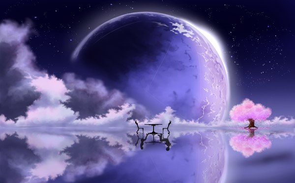 Anime picture 4093x2549 with original kijineko highres wide image sitting absurdres sky cloud (clouds) night night sky cherry blossoms reflection silhouette abstract different reflection girl boy plant (plants) petals tree (trees)